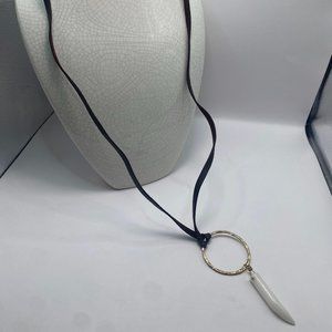 Brown Cord Statement Necklace with Gold Tone Ring & Horn